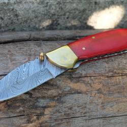 Beau Couteau Damas Lame 128 Couches Manche Bois Rubis Fabrication Artisanale Linerlock 001