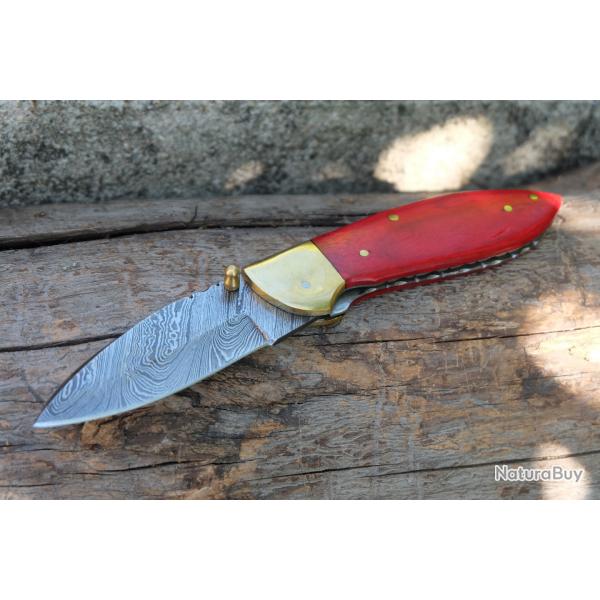 Beau Couteau Damas Lame 128 Couches Manche Bois Rubis Fabrication Artisanale Linerlock 001