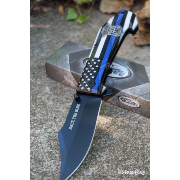 Couteau Pliant Ecole de Police USA Linerlock Lame Acier Inox Semi Automatique Manche en ABS Clip