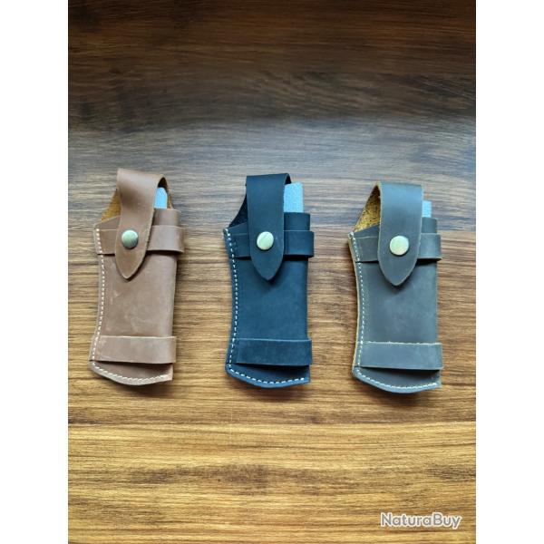 ETUI EN CUIR  MARRON FONCE POUR COUTEAU PLIANT