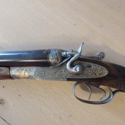 EXCEPTIONNEL fusil a percussion centrale a chien calibre 24 GRAVE OR par le MAITRE GRAVEUR J.BAERTEN