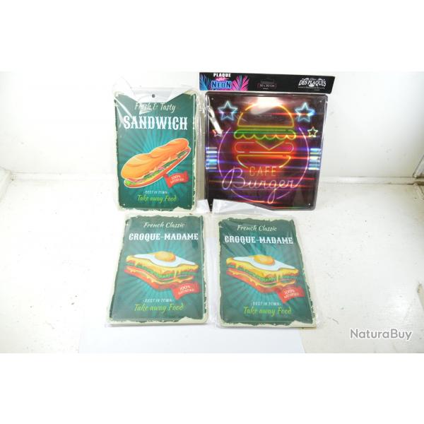 Lot plaques dcoration murales imitation vintage USA diner, burger caf non, french classic croque