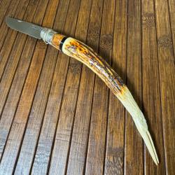 OPINEL N8 CUSTOM ARTISANAL UNIQUE MANCHE BOIS DE CERF SCULPTÉ D'UNE TÈTE D'AIGLE LOUPE D'ORME