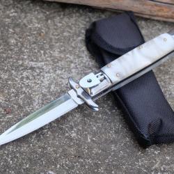 Dague Couteau Automatique Mafia Parrain Lame Acier 440C Manche Marbre ABS Sécurité Etui Nylon