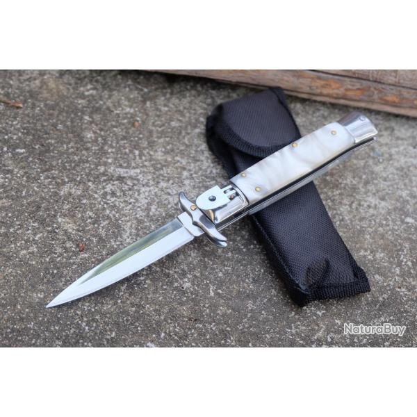 Dague Couteau Automatique Mafia Parrain Lame Acier 440C Manche Marbre ABS Scurit Etui Nylon
