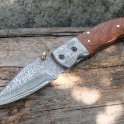 Beau Couteau Damas Lame 128 Couches Manche Bois Mitres Damas Fab Artisanale Linerlock