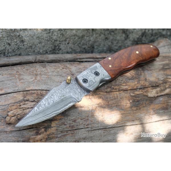 Beau Couteau Damas Lame 128 Couches Manche Bois Mitres Damas Fab Artisanale Linerlock