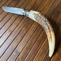 OPINEL N8 CUSTOM ARTISANAL UNIQUE MANCHE POINTE BOIS DE CERF