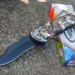 Couteau Semi Automatique Meiji Dragon Linerlock Lame Clip Point Acier Inoxydable Noire Manche ABS