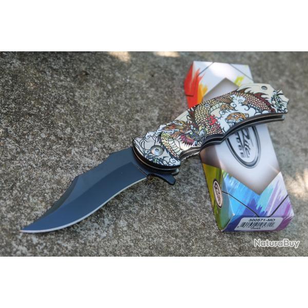 Couteau Semi Automatique Meiji Dragon Linerlock Lame Clip Point Acier Inoxydable Noire Manche ABS