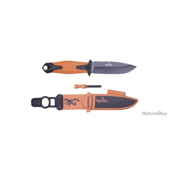 Couteau Browning ignite manche black orange lame 10cm avec etui, allume feu