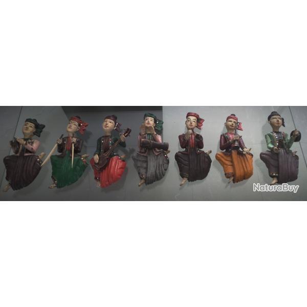 Lot de 7 poupes-figurines polychromes anciennes birmanes en bois-Musiciens birmans-Artisanat local