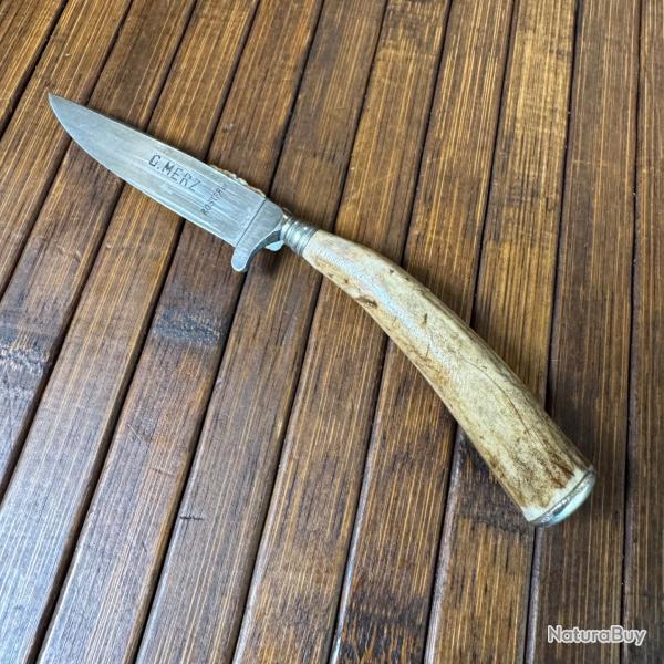 MINI NICKER COUTEAU DE CHASSE TRADITIONNEL ALLEMAND SIGN G.MERZ ROSTEFREI BOIS DE CERF ANNE 50/60