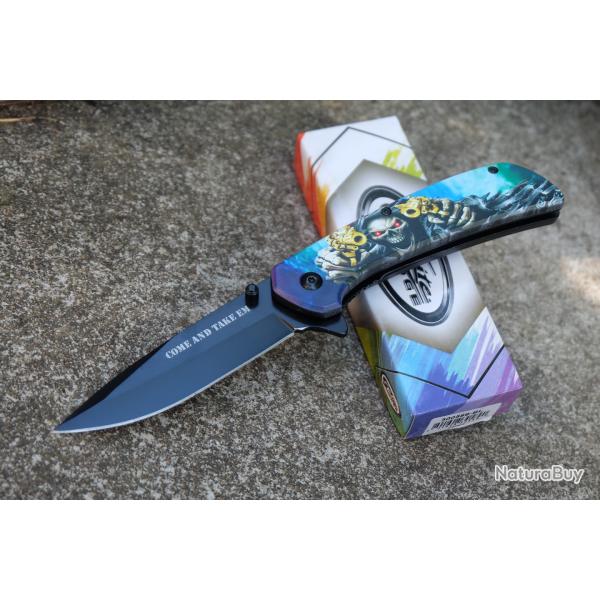 Couteau Semi AUtomatique Bad Boy Reaper Lame Clip Point Acier Inox Manche ABS Bleu Linerlock Clip