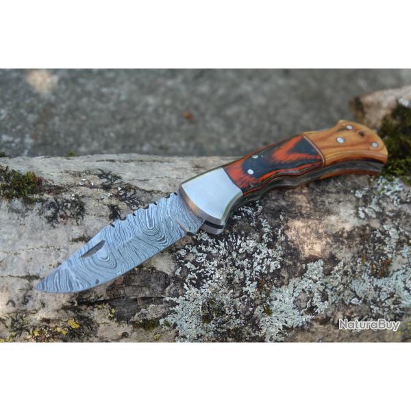 Couteau Lame Damas 128 Couches Manche 2 Bois Faon Buck 112 Fabrication Artisanale Lockback