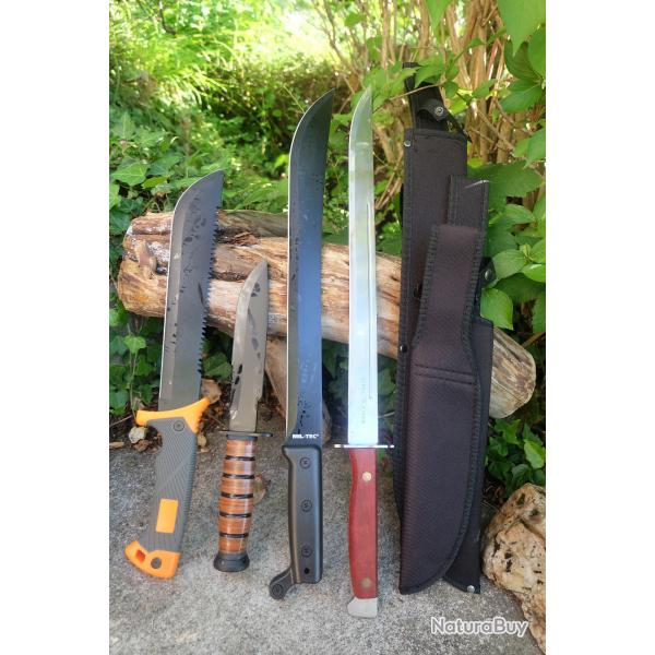 Lot de 4 Machette Sabre Bowie Lame Acier Inoxydable Manche Bois/Abs Etui Nylon Lot Pour Survivaliste