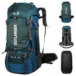 Sac à dos Randonnée Étanche 60L avec Housse de Pluie Léger Compartiment Chaussures Camping Bleu