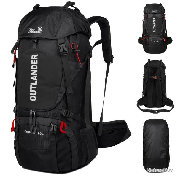 Sac  dos Randonne tanche 60L avec Housse de Pluie Lger Compartiment Chaussures Camping Noir