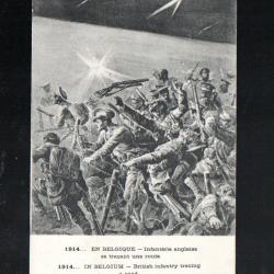 carte postale 1914 en belgique infanterie anglaise se traçant une route (barbelés)