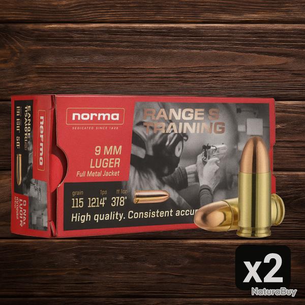 Munitions NORMA 9MM LUGER 7.45g 115gr range & training FMJ x2 bote - PRIX MINI