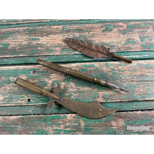 Rare ensemble de tranche 14-18 2 stylos plumes artisanaux + 1 ouvre-lettres Travail de poilu WW1