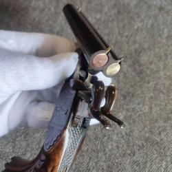 Magnifique pistolet de vénerie juxtaposé 12mm à broche entièrement gravé main + 2 cartouches