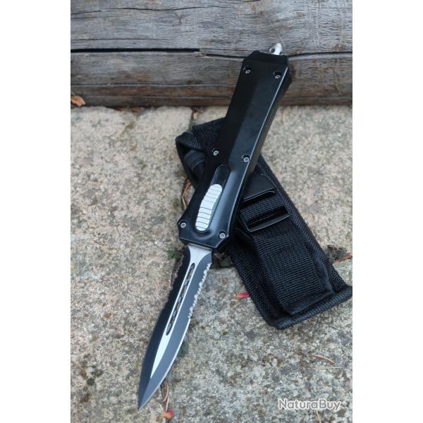 Couteau Automatique OTF Out the Front Lame Dague Double Edge Acier 440C Manche Alu Clip Etui Nylon