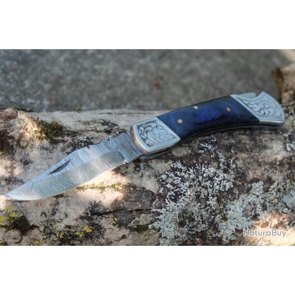 Couteau Lame Damas 128 Couches Style Buck 112 Manche Atlantide Fabr Artisanale Scurit Lockback
