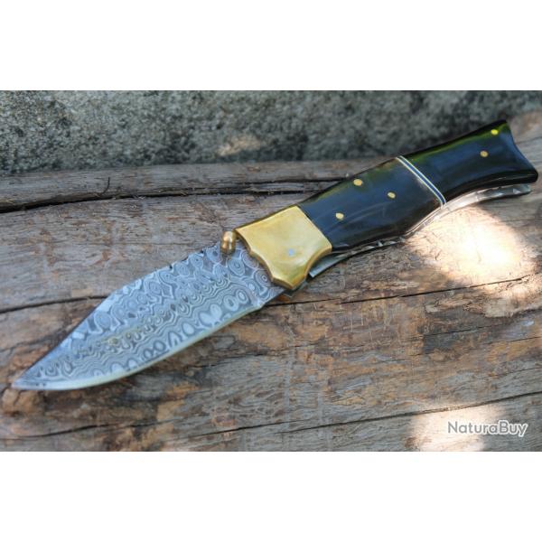 Beau Couteau Lame 128 Couches Acier Damas Manche Poisson Blier & Rsine Fab Artisanale Linerlock