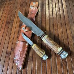 ENSEMBLE DE DEUX COUTEAUX ARTISANAUX ALLEMAND SOLINGEN EDGE MARK BOIS DE CERF DANS LEUR ETUIS