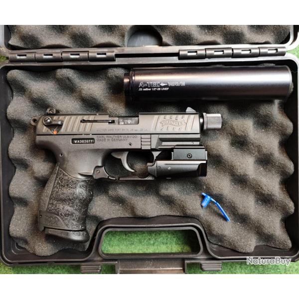Pistolet semi-automatique WALTHER P22 filet - Cal. 22 LR + RDS, lampe, second chargeur et mallette 