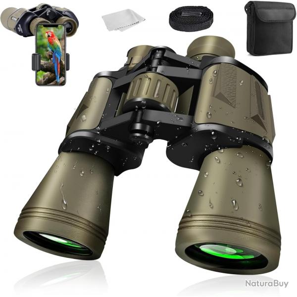 Jumelles 20x50 HD tanches pour Adultes Prisme BAK4 Objectif FMC Vision Nocturne Sport / Nature Kaki
