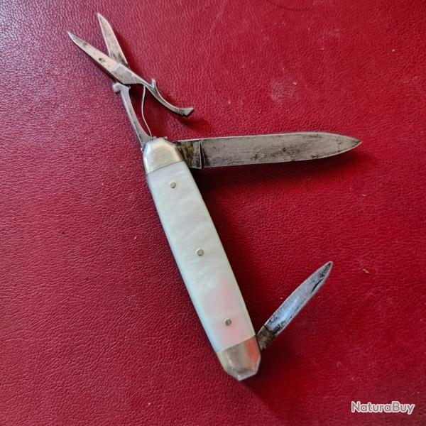 Ancien couteau/canif Navette Nacre 4 outils acier fin, style Nogent Mitres mtalliques