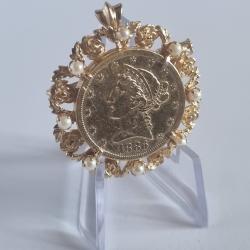 Broche Pendentif Porte Pièce Or 18K 5 Dollars 1886 Liberty Or 22K XXème Siècle