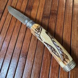 OPINEL N8 CUSTOM ARTISANAL UNIQUE MANCHE BOIS DE CERF SCULPTÉ D'UN FAISANT