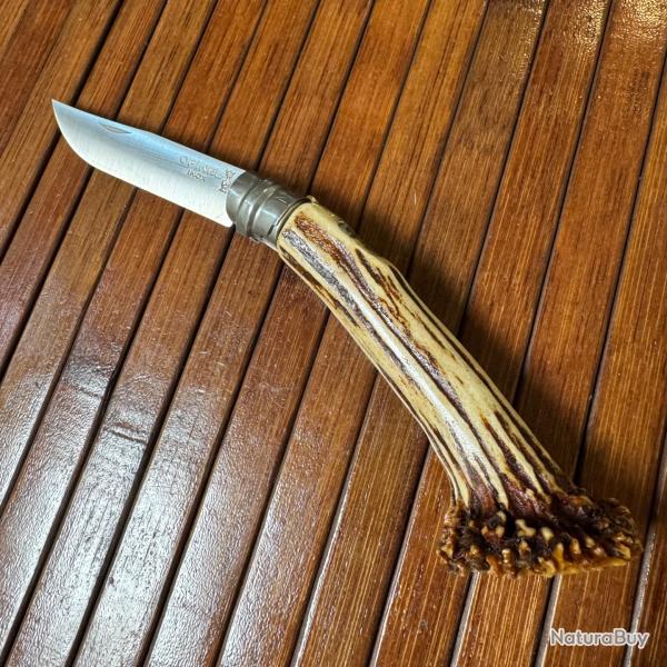 OPINEL N6 CUSTOM ARTISANAL UNIQUE MANCHE BOIS CHEVREUIL AVEC COURONNE INCRUST DE JESUS SUR LA CROIX