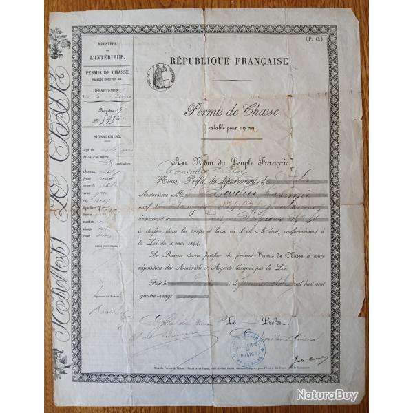 Permis de chasse 1881 Paris