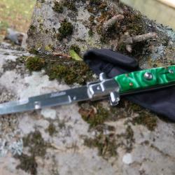 Stiletto Couteau Automatique Mafia Parrain Lame Acier 440C Manche Emeraude 2 Sécurité Etui Nylon
