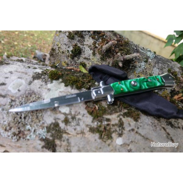 Stiletto Couteau Automatique Mafia Parrain Lame Acier 440C Manche Emeraude 2 Scurit Etui Nylon