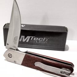 Couteau Semi AUtomatique MTech Lame Trailing Point Acier 3Cr13MoV Manche Bois Linerlock Clip