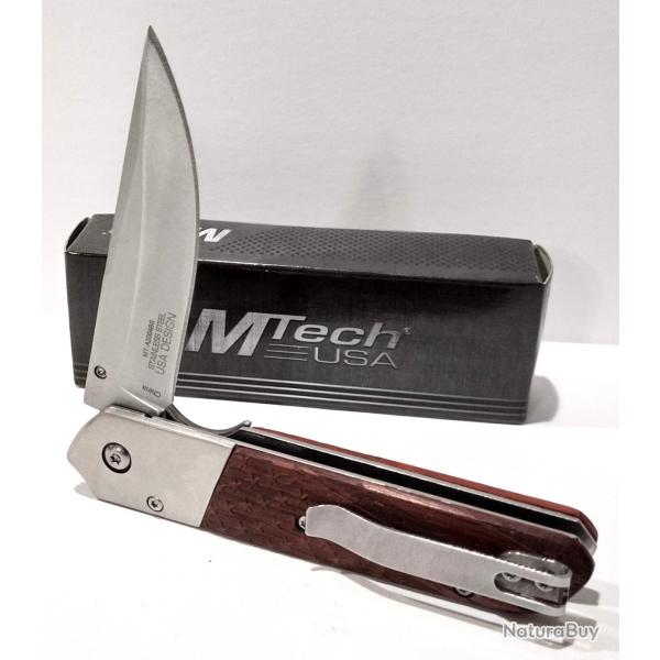 Couteau Semi AUtomatique MTech Lame Trailing Point Acier 3Cr13MoV Manche Bois Linerlock Clip