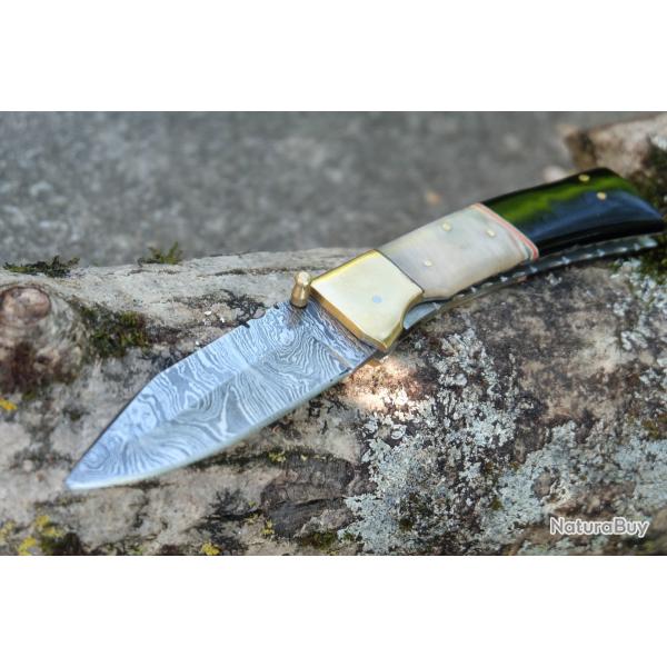 Beau Couteau Damas Lame Drop Point 128 Couches Manche Blier & Rsine Fabric Artisanale Linerlock