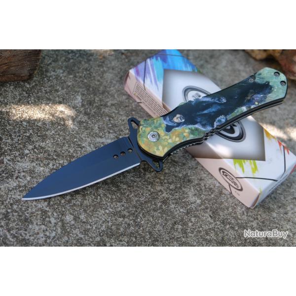 Couteau Pliant Wildlife Bear Semi AUtomatique Linerlock Lame Spear Point Noir Acier Inox Manche Ours