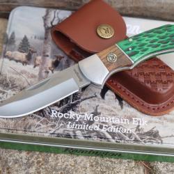 Couteau Remington Lockback Lame Acier 8Cr13MoV Manche Bois/Os Etui CUir Boite Métal Décor Cerf