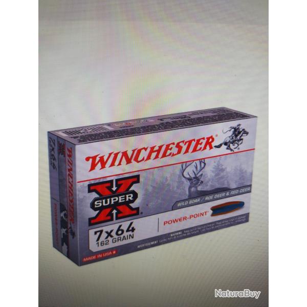 Winchester PowerPoint calibre 7x64 162gr Lot de 3 botes de munitions soit 60 cartouches