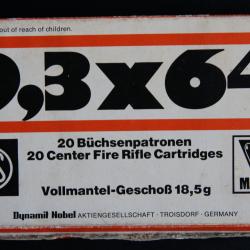 20 cartouches 9.3 x 64 - RWS - Ogive FMJ 285 grains