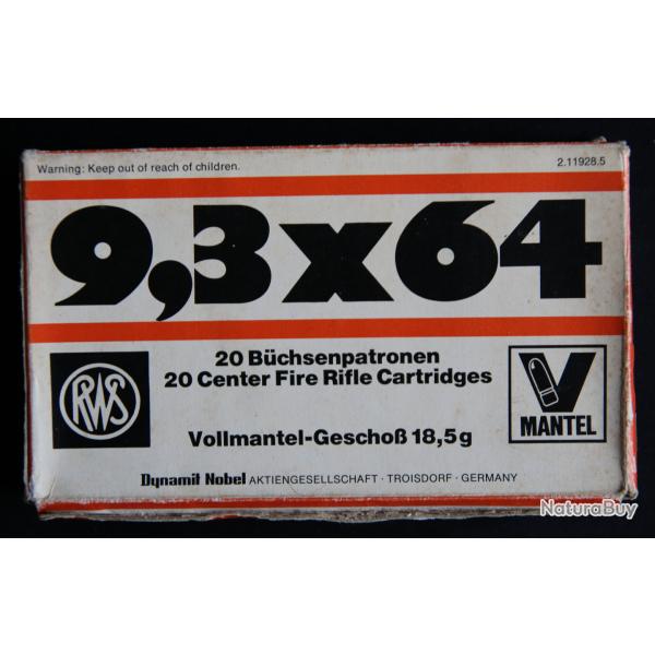 20 cartouches 9.3 x 64 - RWS - Ogive FMJ 285 grains