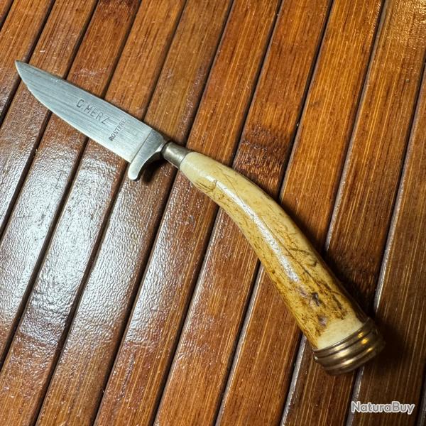 MINI NICKER COUTEAU DE CHASSE TRADITIONNEL ALLEMAND SIGN G.MERZ ROSTEFREI BOIS DE CERF ANNE 50/60