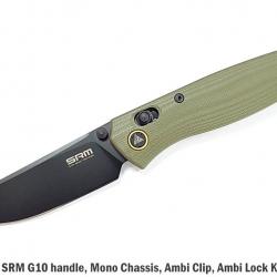 Couteau Pliant SRM Medal 255L-GP2 Lame Acier 10Cr15CoMoV Manche G10 Green Ambi Lock Clip SRM255LGP2