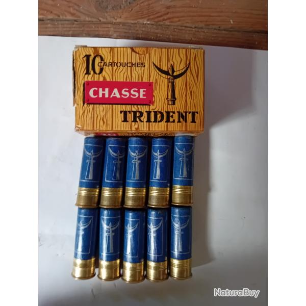 Bote de 10 belles cartouches anciennes cal 16 douilles cartons bleues "TRIDENT ",